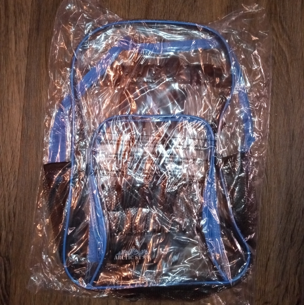 Clear Transparent PVC Multi-Pockets School Backpack Blue Trim